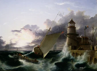 Barco por um Farol, um Squall Going Off (óleo sobre tela)