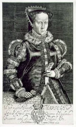 Retrato de Maria I (1516-58) Retrato da Supplicação de Thomas Hongar, gravada pelo artista, pub. por Compton Holland (gravura)
