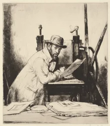 Retrato do osso de Muirhead Bone apoiado numa prensa de gravura