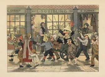 Loja de fogo de artifício - Crianças vitorianas puxando um Guy numa carroça na noite de Guy Fawkes, em frente à loja de fogo de artifício de L. Squibling. Cromolitografia a partir de uma ilustração de Francis Donkin Bedford do "The Book of Shops" de Edward