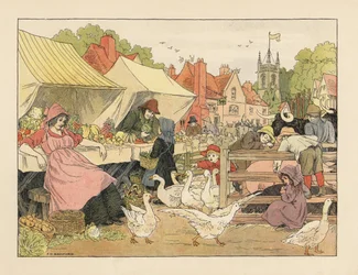 Crianças vitorianas a comprar legumes, a perseguir gansos e a picar porcos num mercado de aldeia. Cromolitografia a partir de uma ilustração de Francis Donkin Bedford de "The Book of Shops", de Edward Verrall Lucas