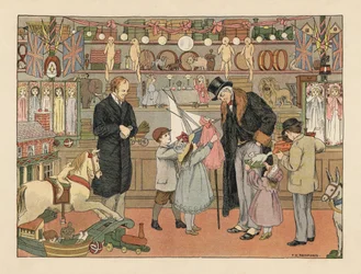 Crianças vitorianas a escolher brinquedos com o tio numa loja de brinquedos. Cromolitografia a partir de uma ilustração de Francis Donkin Bedford de "The Book of Shops", de Edward Verrall Lucas