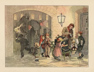 Crianças vitorianas a comer batatas quentes do homem das batatas quentes. No fundo, pessoas com guarda-chuvas entram numa carruagem à chuva. Cromolitografia a partir de uma ilustração de Francis Donkin Bedford de "The Book of Shops", de Edward Verrall Luca