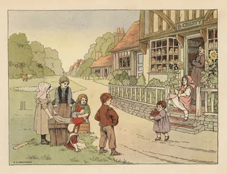 Crianças vitorianas à porta da padaria da aldeia B. Crusty. Cromolitografia a partir de uma ilustração de Francis Donkin Bedford de "The Book of Shops", de Edward Verrall Lucas