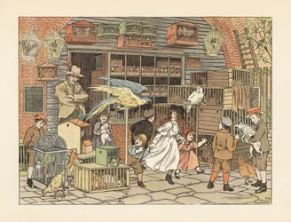 Crianças vitorianas a brincar com papagaios e cacatuas na loja de um criador de aves ou numa loja de animais. Cromolitografia segundo uma ilustração de Francis Donkin Bedford de The Book of Shops de Edward Verrall Lucas