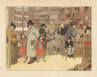 Clientes vitorianos numa livraria. Cromolitografia a partir de uma ilustração de Francis Dorkin Bedford da obra "The Book of Shops" de Edward Verrall Lucas, Grant Richards, Londres