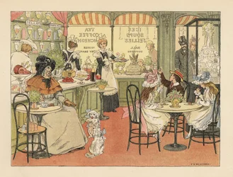 Clientes vitorianos numa loja de chá e confeiteiros. Cromolitografia a partir de uma ilustração de Francis Donkin Bedford de "The Book of Shops", de Edward Verrall Lucas