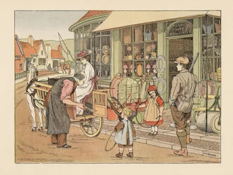 Família vitoriana em Henry Hoop, o ferreiro da aldeia. Cromolitografia a partir de uma ilustração de Francis Donkin Bedford de "The Book of Shops", de Edward Verrall Lucas