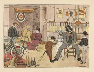 Pai vitoriano e filhos a comprar tacos de críquete numa loja de artigos desportivos. Golfista em plus fours com um empregado da loja. Cromolitografia a partir de uma ilustração de Francis Donkin Bedford de "The Book of Shops" de Edward Verrall Lucas