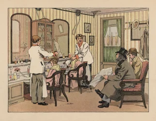 Homens vitorianos a lavarem o cabelo com champô e a serem tratados com uma máquina de escovar o cabelo numa barbearia. Cromolitografia a partir de uma ilustração de Francis Donkin Bedford de "The Book of Shops", de Edward Verrall Lucas
