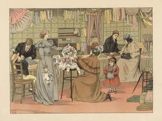 Mães e crianças da época vitoriana a experimentar toucas nas lojas de roupa. Cromolitografia a partir de uma ilustração de Francis Donkin Bedford de "The Book of Shops", de Edward Verrall Lucas
