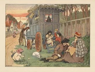 Fabricantes vitorianos de bolas de basquetebol itinerantes com os seus produtos no tejadilho da sua caravana. Cromolitografia a partir de uma ilustração de Francis Donkin Bedford de "The Book of Shops", de Edward Verrall Lucas