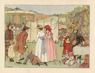 Jovens vitorianos num coco tímido, crianças em baloiços e carrossel numa feira de aldeia. Cromolitografia a partir de uma ilustração de Francis Donkin Bedford de "The Book of Shops", de Edward Verrall Lucas