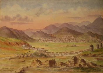 Vista de Smandria e Kondia na ilha de Lemnos, Grécia, abril de 1917 (aguarela sobre papel)