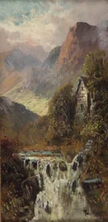 Moinho, cascata e montanha, Bodhyfryd (óleo sobre tábua)