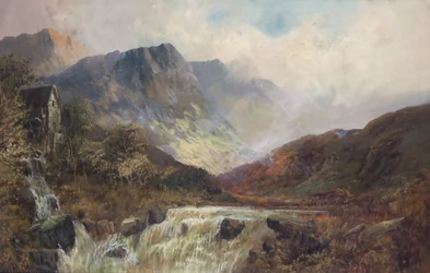 Montanhas, moinho e cascata (óleo sobre tela)