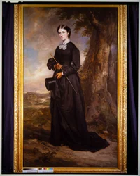 Retrato de uma senhora com hábito de montar preto, de pé numa paisagem