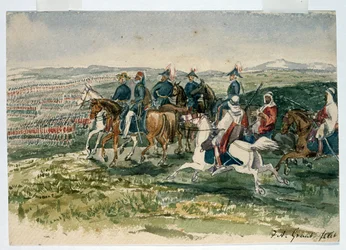 Os guardas e os montanheses recebidos por Omar Pasha e pelo marechal St Arnaud, comandados pelo duque de Cambridge em Aladyn, em 6 de julho de 1854