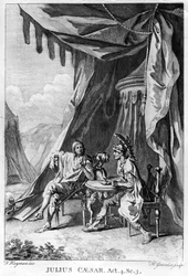 Brutus e Cassius na tenda de Brutus, ato IV Cena iii de "Júlio César" por William Shakespeare (1564-1616) gravado por Hubert Gravelot (1699-1773) (gravura) (foto bw)