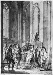 Claudio acusando o herói de falta de fé, Ato IV Cena I de &39;Muito Barulho por Nada&39; de William Shakespeare (1565-1616) gravado por Hubert Gravelot (1699-1773)