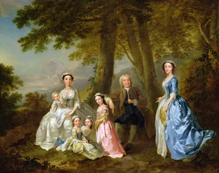 Samuel Richardson sentado com sua segunda família