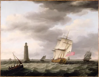 Um homem de guerra passando pelo Farol Eddystone, c.1773