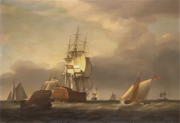 Uma paisagem marítima com homens de guerra e pequenas embarcações