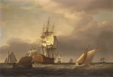 Uma paisagem marítima com homens de guerra e pequenas embarcações