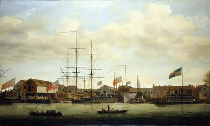 Um pequeno estaleiro no Tamisa (Inglaterra), com dois barcos em construção. Óleo sobre tela