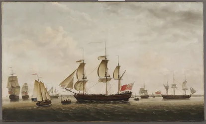 Os navios do capitão Cook, HMS Resolution e Adventure, no Long Reach, 1772