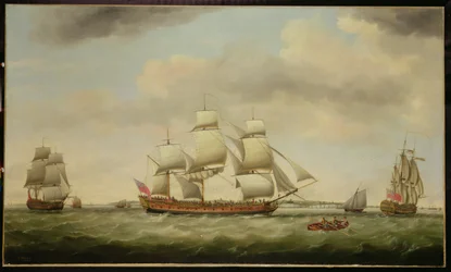 O East Indiaman "General Coote" em três posições ao largo de Downs
