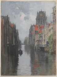 Atrás do Groote Kirk, Dordrecht, c.1880s (wc sobre o carvão no cartão)