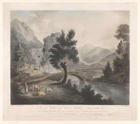 Gezicht op het meer Keswick met de Lodore-watervallen
Vista à distância da queda de Lowdore com parte do Lago Keswick em Cumberland (título sobre o objecto)