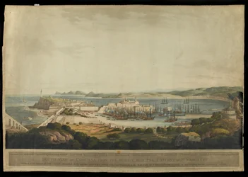 Vista sul da Corunha das alturas perto do Convento de Santa Margarida, gravado por H. Merke, publicado em 1809 (colorido aquatint)