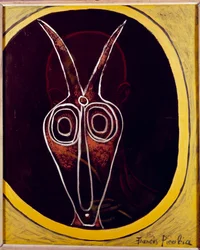 Transparência. Rosto de homem e cabeça de animal com chifre sobreposto, século XX (óleo sobre tela)