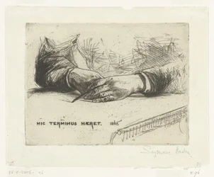 Desenho a duas mãos com lápis de cera
Mãos segurando um lápis de cera
Hic Terminus Haeret (título sobre o objecto)
