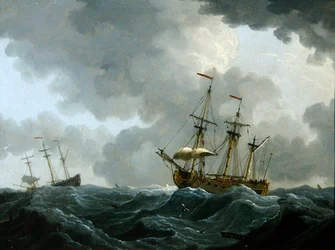 Um Marine: duas fragatas em uma tempestade que se aproxima (óleo sobre cobre)