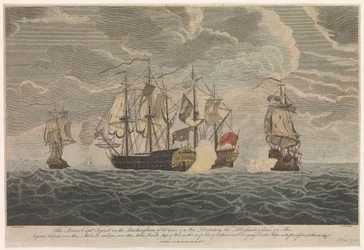 O corajoso capitão Tyrrel no "Buckingham" de 66 canhões e 472 homens derrotando o "Florissant", o "Aigrette" e o "Atlante", três navios de guerra franceses, a 3 de novembro de 1758