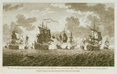 Doze gravuras de combates marítimos. A ação gloriosa ao largo do Cabo Francois, a 21 de outubro de 1757, entre os ingleses e sete navios de guerra franceses, em que estes últimos foram inteiramente derrotados. (gravura)