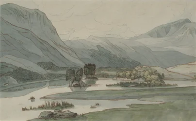 Rydal Water com as Colinas de Grasmere, 1786 (lápis com caneta e tinta e wc no papel)