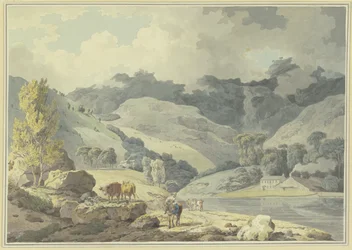 Paisagem montanhosa, no caminho uma rapariga a cavalo, à esquerda duas vacas