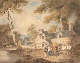 O oleiro itinerante fora de uma casa de campo