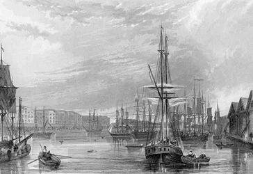 West India Dock, ilustração de "História de Londres: Ilustrado por vistas de Londres e Westminster" por John Woods, gravado por John Woods, publishe 1838