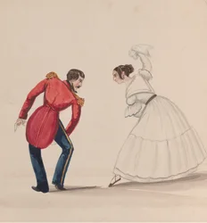Um homem e uma mulher peruanos dançando a Zamacueca, a partir de um grupo de desenhos representando..., ca. 1848.