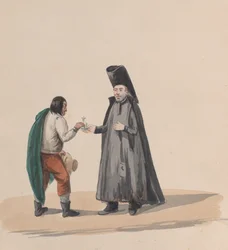 Um cânone entregando um crucifixo a um homem, de um grupo de desenhos retratando um traje peruano, 1848.