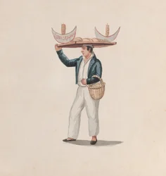 Um vendedor de tortilhas a equilibrar uma bandeja na cabeça, de um grupo de desenhos representando o peruano..., ca.