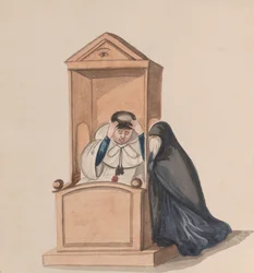 Uma mulher confessando a um padre, a partir de um grupo de desenhos representando o traje peruano, ca. 1848.