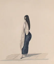 Uma mulher usando o saya de perfil, de um grupo de desenhos representando o peruano..., ca.184