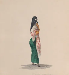 Uma mulher usando o saya de perfil, de um grupo de desenhos representando o peruano..., ca.184