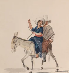 Um índio e uma índia montados em burro, de um conjunto de desenhos representando peruanos..., c. 1848.